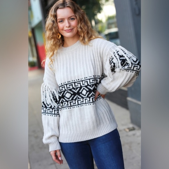 Ready For Anything Taupe & Black Tassel Aztec Sweater - Picture 1 of 16